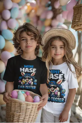 Kinder im Partnerlook mit Mini Hase Eier-Tester Oster T-Shirts und bunten Ostereiern